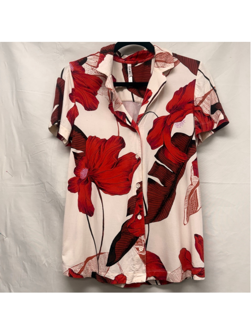 Women's Soma White Red Floral Cool Nights Button Down Shirt M